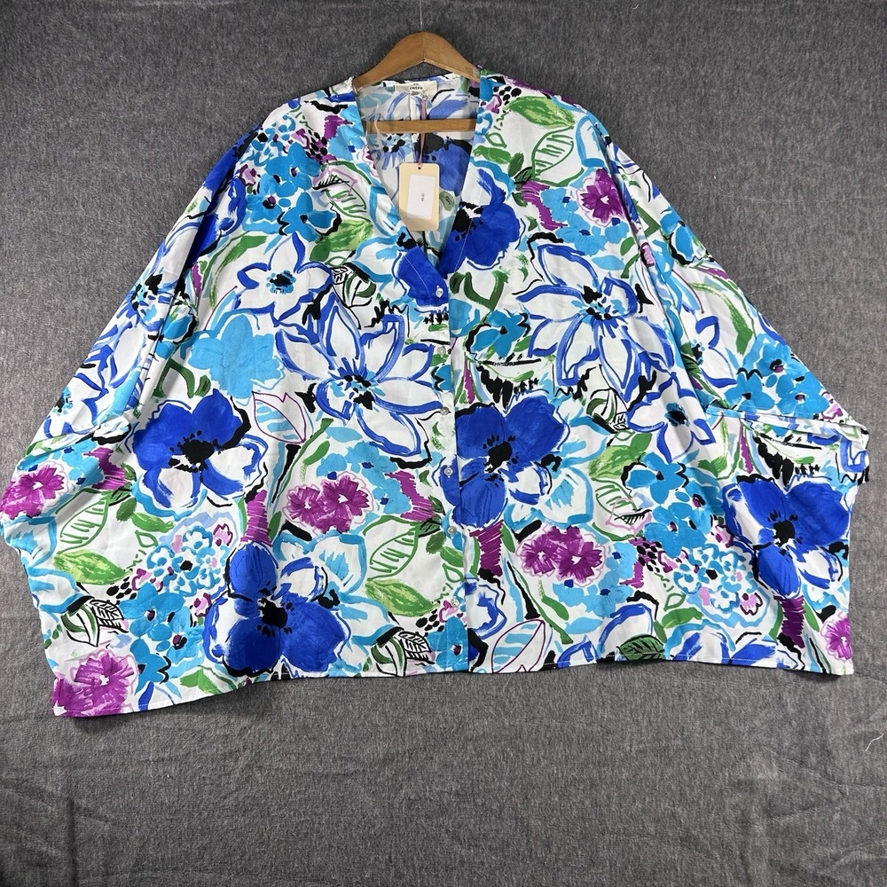 Entro NWT Oversized Blouse Top Blue Floral Button Up Kimono Sleeve XL 1X Resort